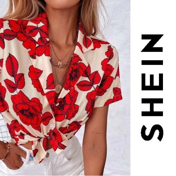 SHEIN Tops - Shein Tropical Print Button-Up Shirt